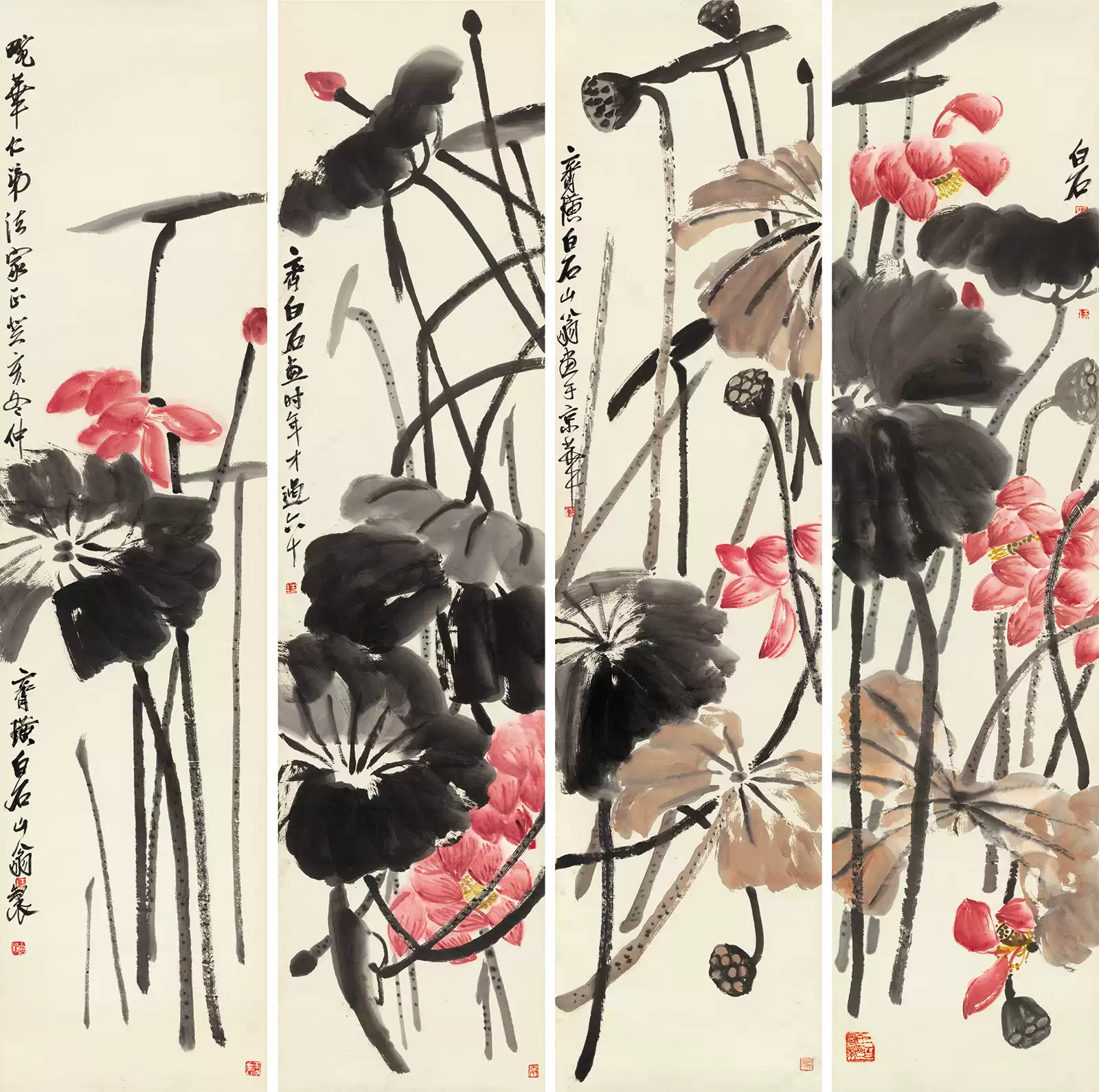 齐白石荷花水墨复制画国画风格装饰水墨画三联以上宣纸复制画新中式家居