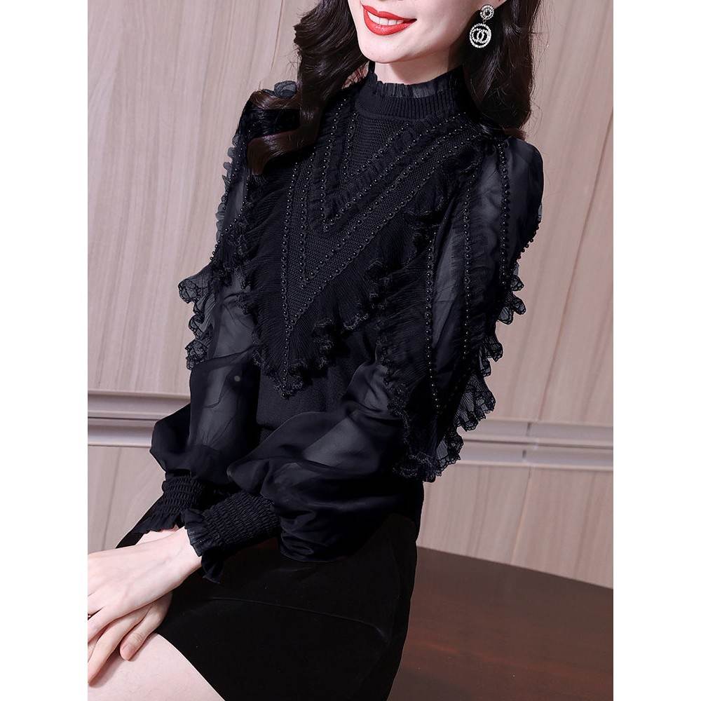 Весенне-осенняя женская одежда в западном стиле высокого класса, шикарная и красивая кружевная шифоновая рубашка с бахромой и длинными рукавами-пузырями, вязаная маленькая рубашка-топ