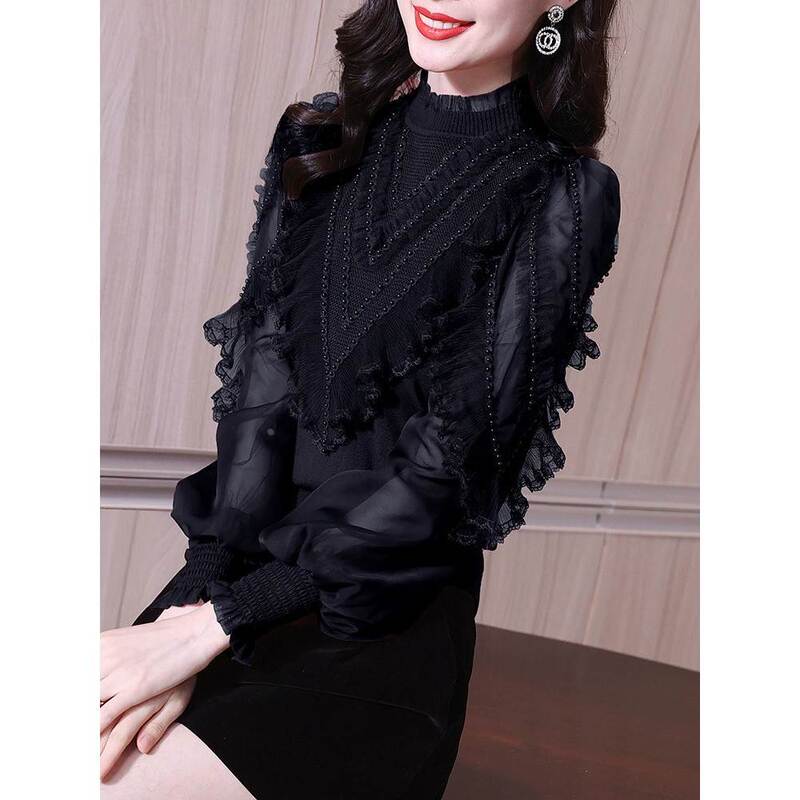 Spring and Autumn Women's Stylish, High-End, Unique and Beautiful Ruffled Lace Chiffon Puff Long-Sleeve Patchwork Knit Top Spring and Autumn Women's Stylish, High-End, Unique and Beautiful Ruffled Lace Chiffon Puff Long-Sleeve Patchwork Knit Top