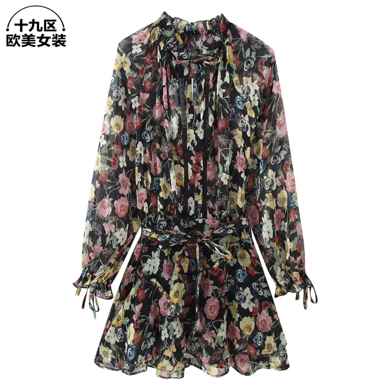 19Th District European and American Women's Clothing 2025 Lace Ribbon Print Dress Pastoral Style Sheer Long Sleeve Mini Dress 7095