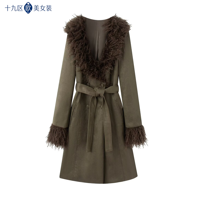 19Th District 2026 Winter Wasteland Style V-Neck Frayed Long Coat with Faux Fur Cuffs and Belt 25324