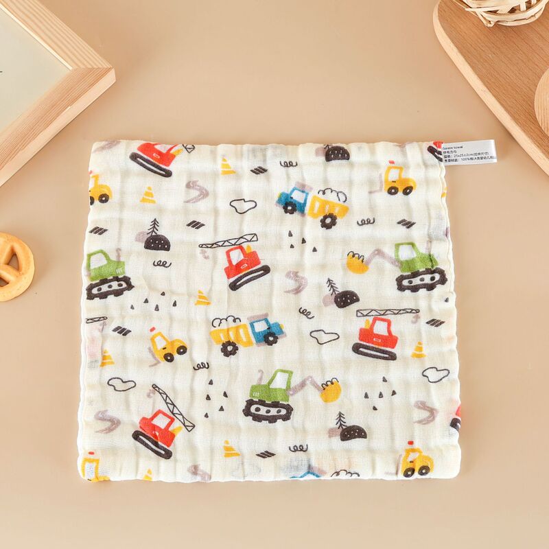 Baby Square Towel 100% Pure Cotton Children's Construction Vehicle Excavator Crane Forklift Bulldozer Towel Kindergarten Face Towel