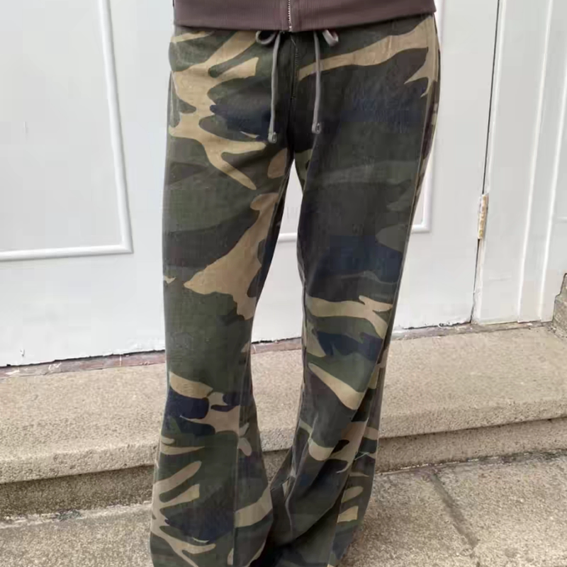 Bm Official Website Low-Waist Slimming Camouflage Pants 2026 American Style New Casual Versatile Elastic Waist Drawstring Long Straight Pants