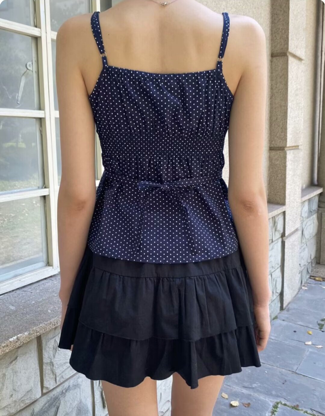 BM Dark Blue Lace Cami: New Summer Polka Dot Style Top - Detail image 4