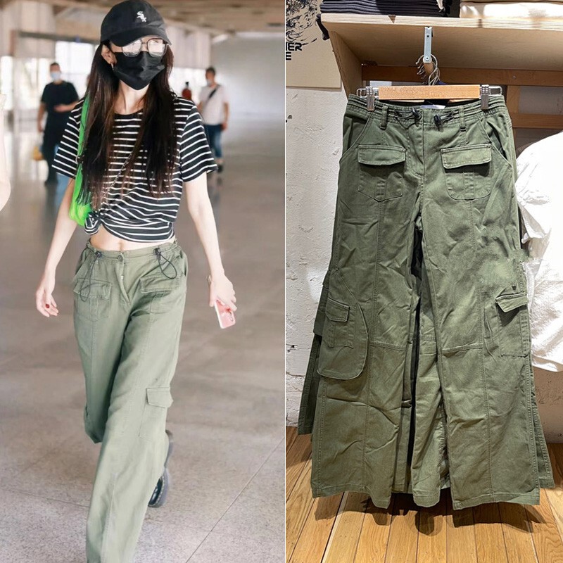 Bm New Style Cargo Pants Women's Green Versatile Casual Pants Wide-Leg Pants American Retro Discount Store Straight-Leg Pants Bm New Style Cargo Pants Women's Green Versatile Casual Pants Wide-Leg Pants American Retro Discount Store Straight-Leg Pants