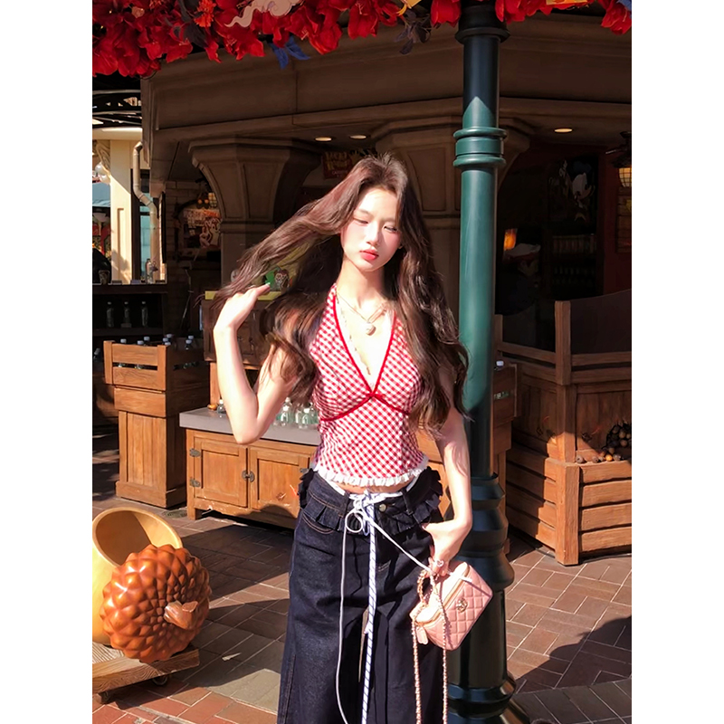 12YE レッドニッチチェック柄ベストサスペンダー、夏用レディース、レースインナー付き、セクシーなホルターネック、ホットガールトップ