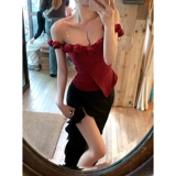 12YE Красный трехмерный летний короткий приталенный топ с чашечками, открытые плечи