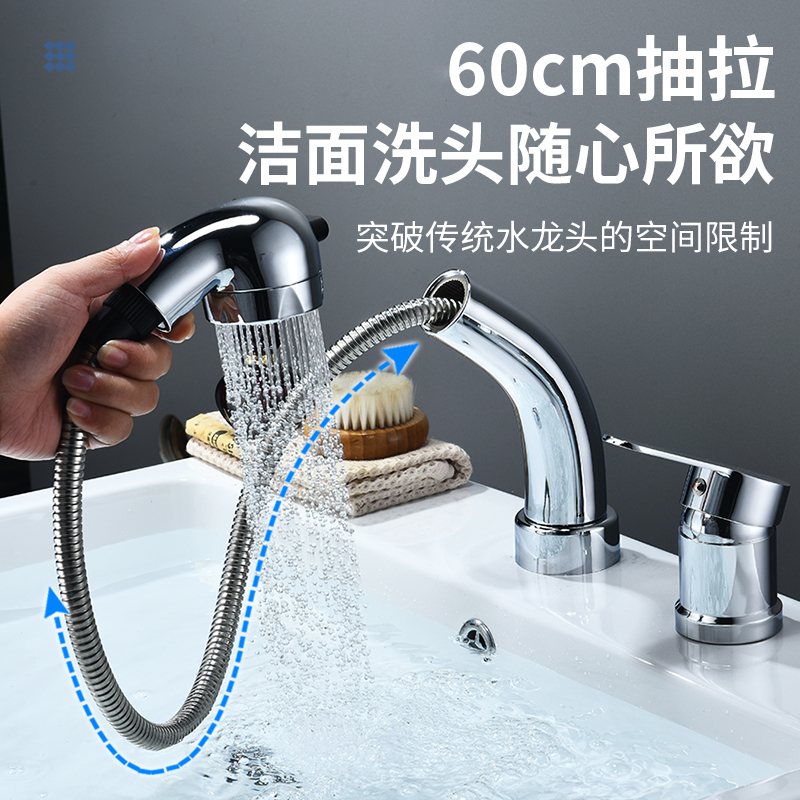 Psan German Dual-Hole Basin Faucet with Hot and Cold Water, Pull-Out Copper Adjustable Bathroom Cabinet Washbasin Faucet