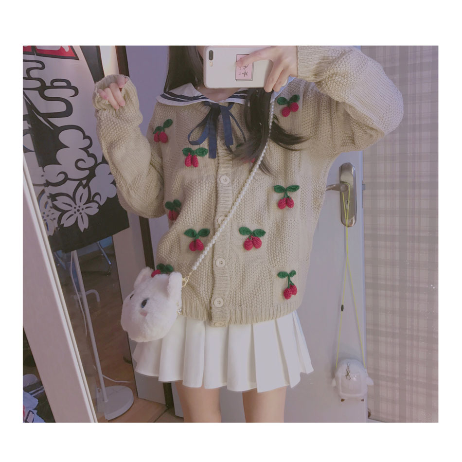Cherry ba chiều ~ Nhật Bản lỏng lẻo retro áo len nhỏ tươi áo khoác len mềm mại cô gái áo gió bên ngoài áo len trắng
