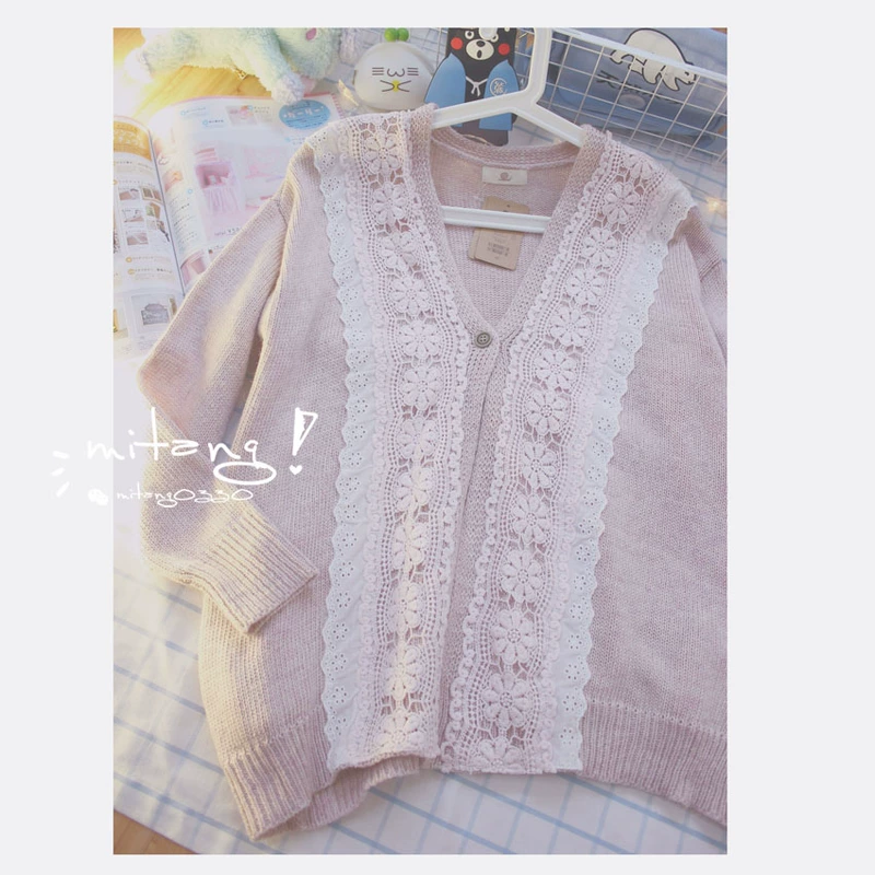 [Bán lại] ren. Áo len nữ màu hồng mềm mại của Nhật Bản áo len mùa thu retro dễ thương áo khoác len mỏng