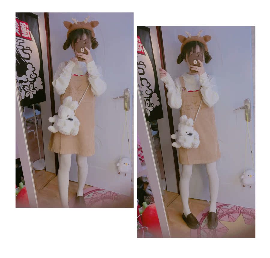 Tai mèo. Nhật Bản thêu kaki dễ thương màu trà sữa mùa thu ấm áp váy lolita