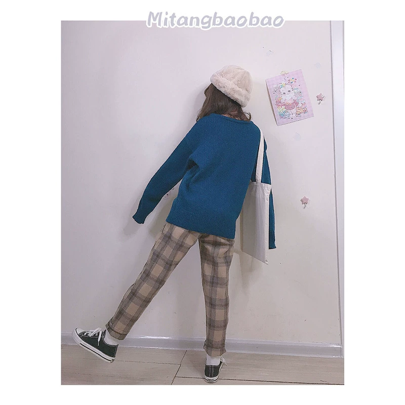 Tự chế retro nhỏ tươi cổ điển hoang dã cao eo kẻ sọc mùa thu và mùa đông quần len chân nhỏ quần cà rốt bút chì quần