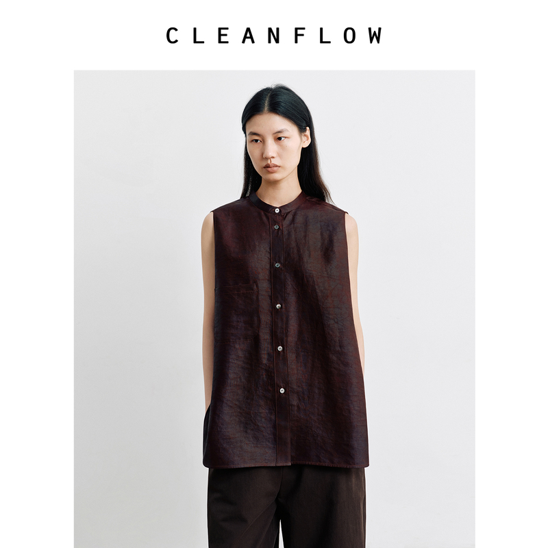 Cleanflow |   Silk Red Cloud Gauze High-Slit Stand Collar Sleeveless Shirt for Women 2026 Summer New Style Vest