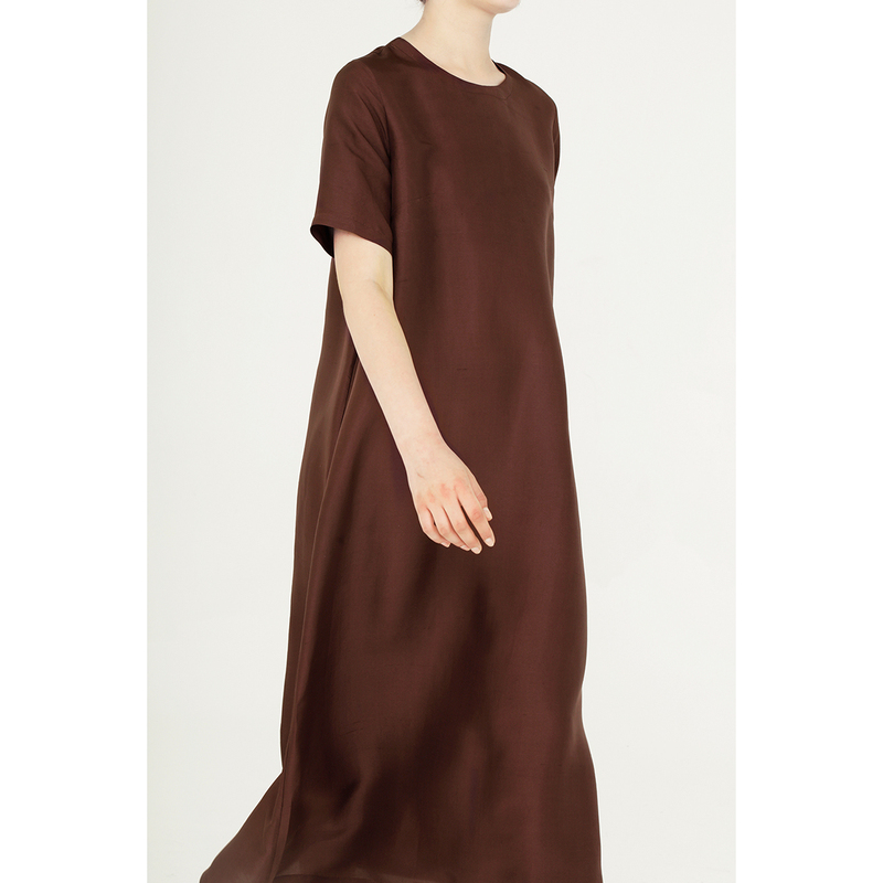Cleanflow |   Rust Red Double Palace Silk Summer Short-Sleeved Extra-Long Loose Minimalist High-End Dress