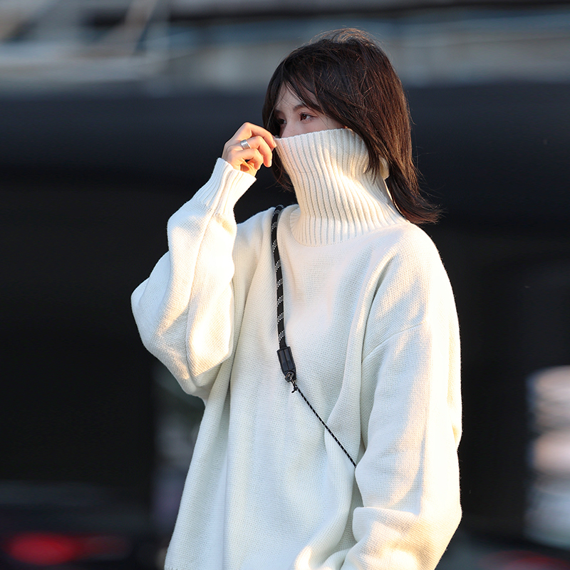 Your First Love, Lao Wang, High-Neck Sweater, Men's Knitted Base Shirt, Long-Sleeve, Loose Fit, Retro, Solid Color, Versatile, Couple's Matching Style, Women's Version