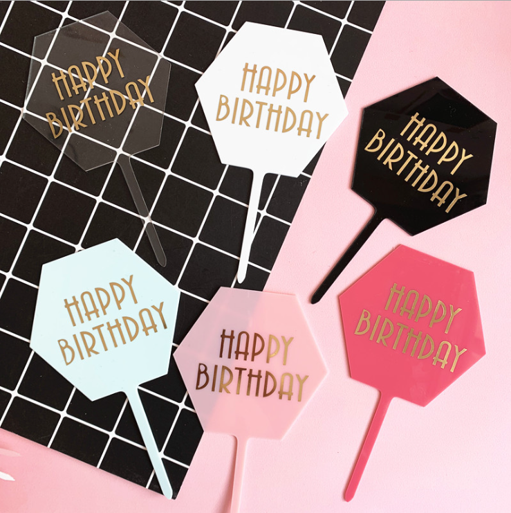 Baking birthday cake decoration card acrylic hexagon happy birthday hot gold medal