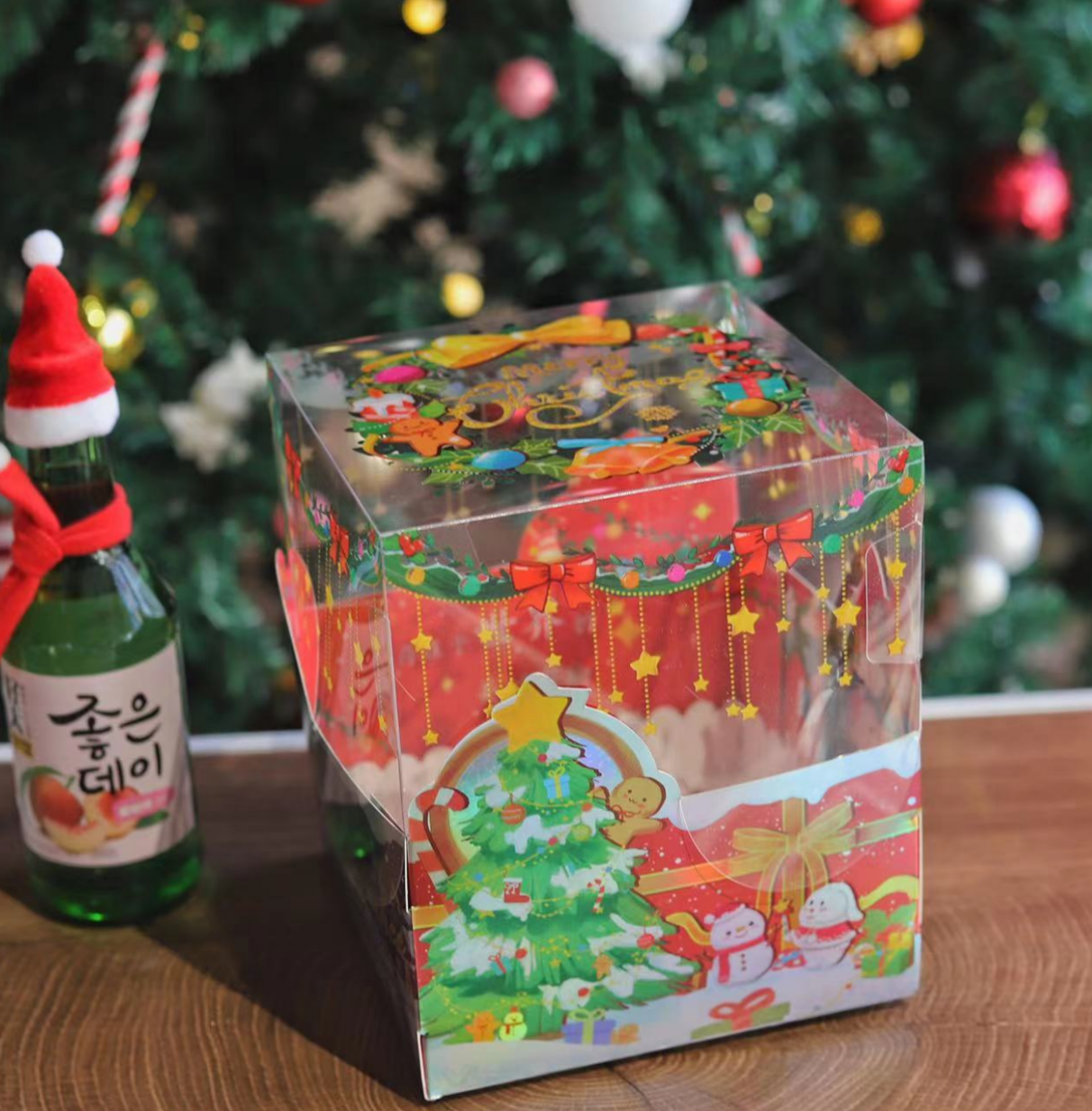 Magic Color Christmas Surprise Cake Box Transparent Packaging Box Sweet box Christmas Happy Little Bear English Cake Inserts 
