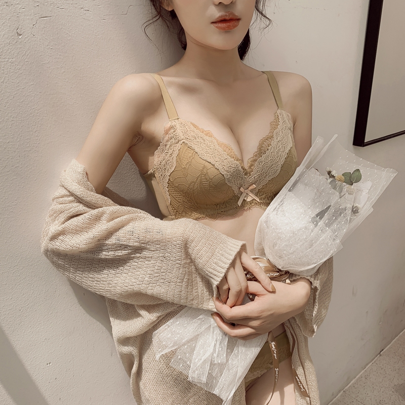 Sexy lace close-up breast underwear set Small chest gathered deep V comfortable breathable upper support rimless underwear women