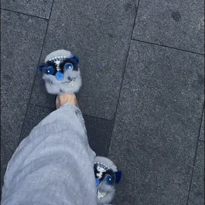 Flat-Soled Soft New Chinese-Style Heavy-Duty Women's Shoes'Blue Feather' 2026 New Model Tiger Slippers Handmade Original Tiger Head Shoes