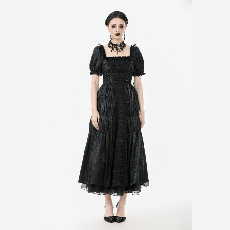Youleting/Dark in Love Gothic Dark Victorian Square Neck Puff Sleeve Long Dress Dw1094