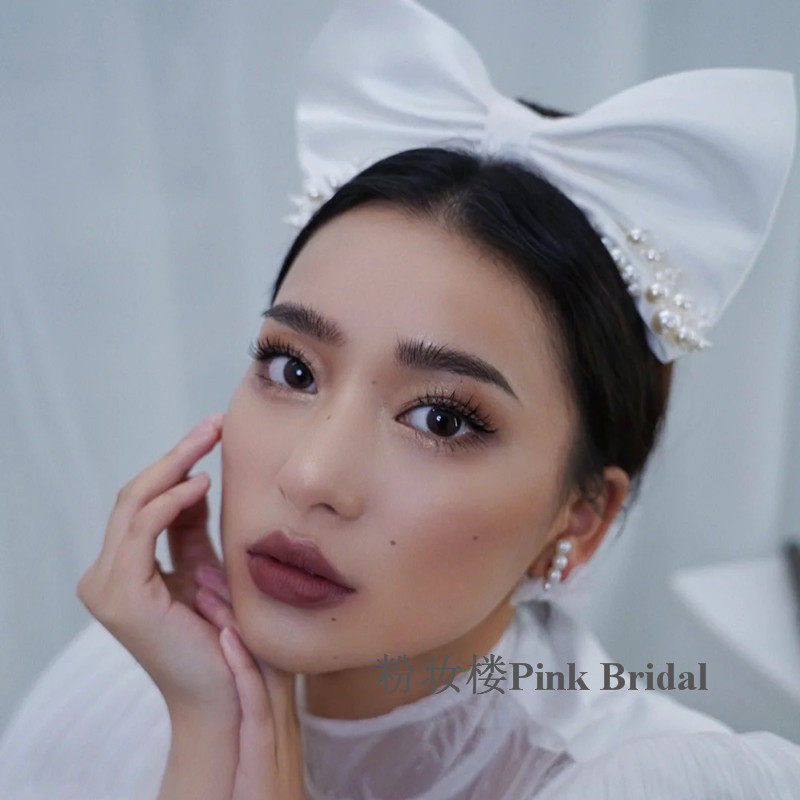 New white pearl satin bow bride wedding photography photo props with makeup veil photo hair hoop
