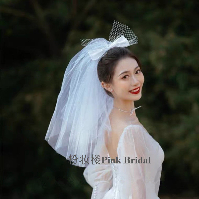 Head yarn bridal main wedding dress fluffy head yarn writeup short-cut grid butterfly knot minimalist white wedding headwear