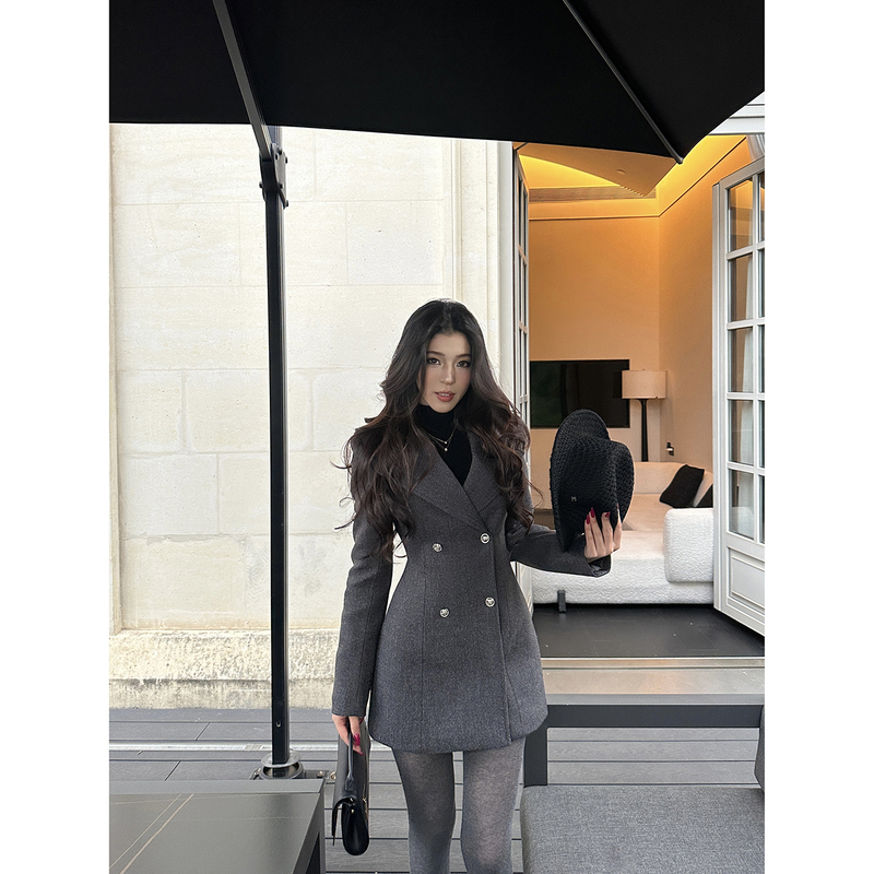 Luo Ge's Woolen Roll (Clearance) Thick Woolen Double-Breasted Suit Dress Winter Padded Long Coat