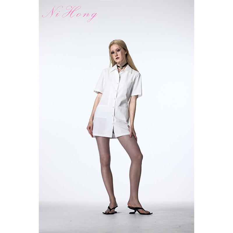 Neon Nihong2025Ss Early Spring New White Single-Breasted Short-Sleeved Shirt Dress for Women