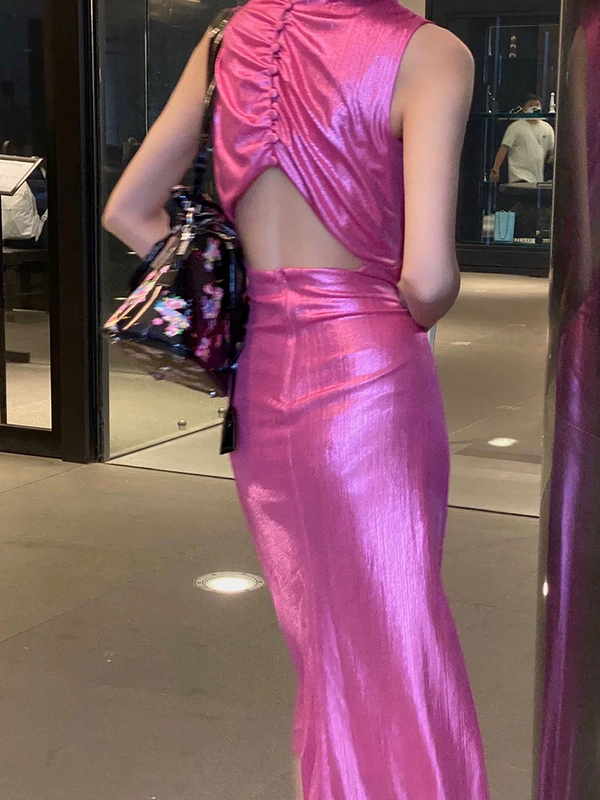 Sister Wave 3 Zhao Meng's Same Style Neon Nihong2023Ss Pink Cheongsam Bridal Toast Dress Backless Dress for Women Sister Wave 3 Zhao Meng's Same Style Neon Nihong2023Ss Pink Cheongsam Bridal Toast Dress Backless Dress for Women