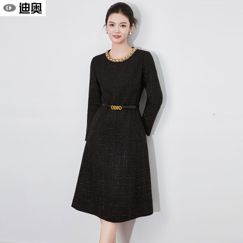 Dior Spring and Autumn Dress 2026 New Light Luxury Chanel Style Gold Diamond Shiny Tweed Long Sleeve A-Line Dress