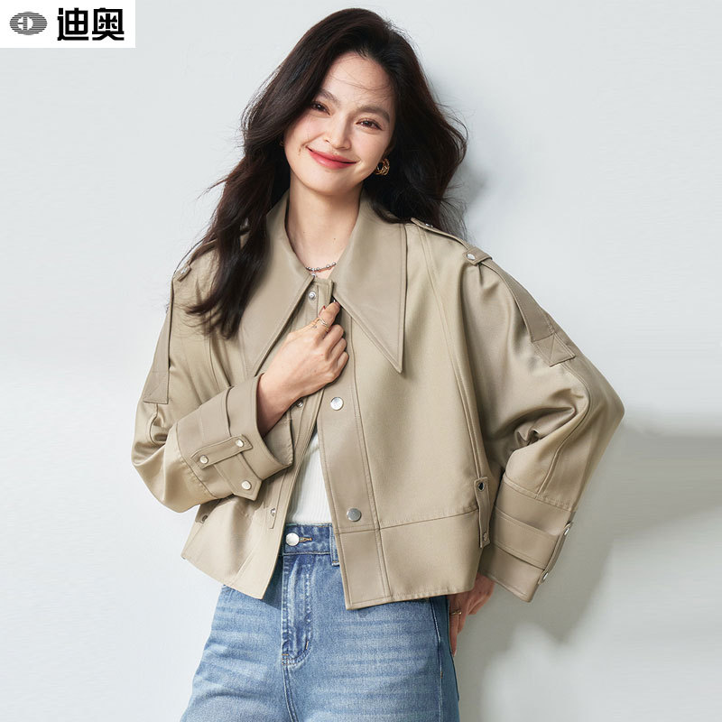 Dior 26 Spring New Style Short Trench Coat for Women, High-End Twill Leather Yadan Style Lapel Buttoned Short Jacket