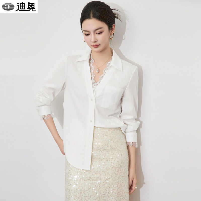 Dior Spring-Summer French-Style Women's Shirt 2026 New Model, Elegant and Age-Reducing, Romantic Lace Splicing, Atmospheric Long-Sleeve Blouse
