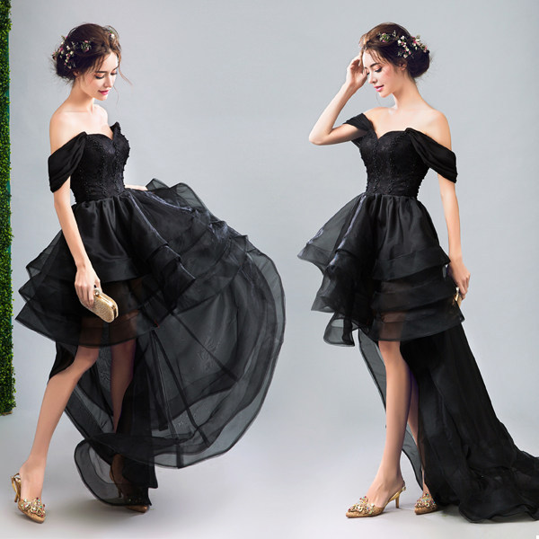 Black Off-The-Shoulder Evening Dress for Banquet, Birthday, Host, Coming-Of-Age Ceremony, Arts Exam, Music Student, Piano Performance, Evening Dress 0706