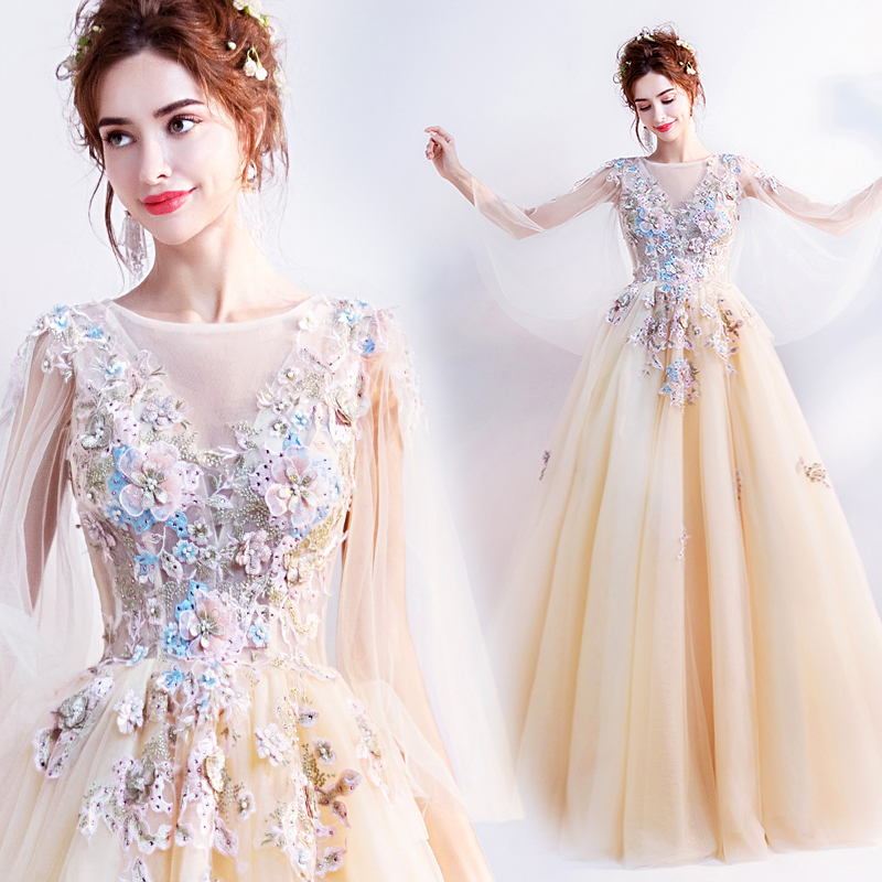 Mori flowers light golden long sleeve toast dinner dinner art performance bridesmaid wedding dress wholesale 196