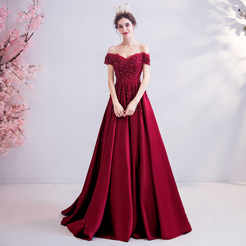 Evening dress prom gown Crystal diamond flower wine red Bride Wedding Toast dress wedding performance wedding dress evening dress 