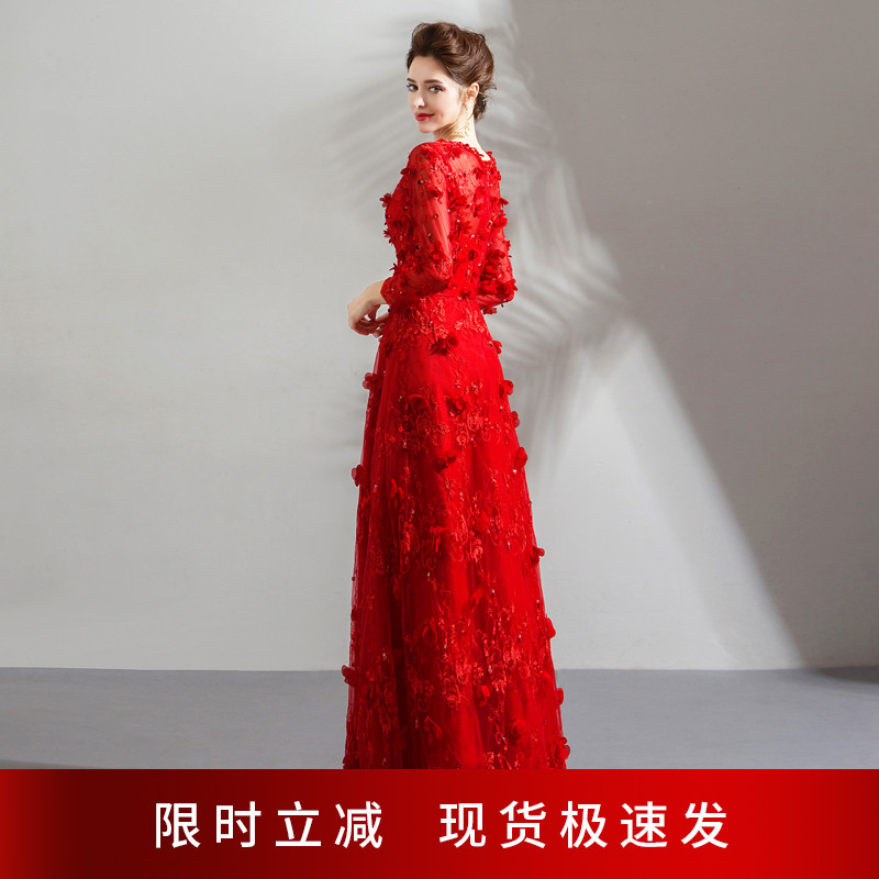 Angel's married fairy Fairy Van Red Petal Long Sleeve Bridal Dress Wedding Dress Wedding Toast