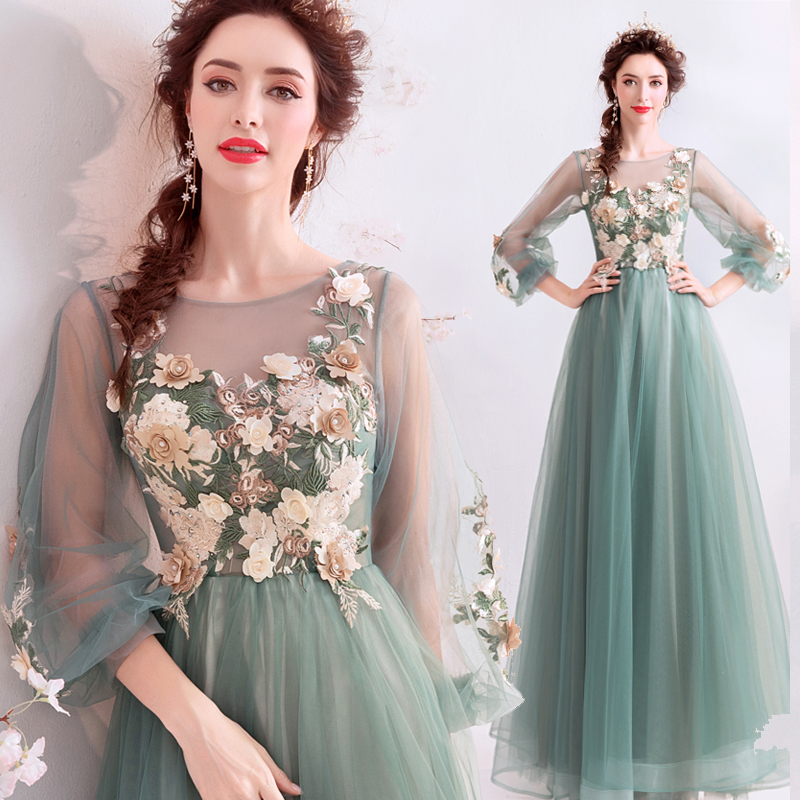 Smoke Luo jade green dinner annual meeting catwalk show host long-sleeved wedding dress evening dress wholesale 7761Q