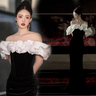 taobao agent Black and white sexy evening dress, wedding dress, for catwalk