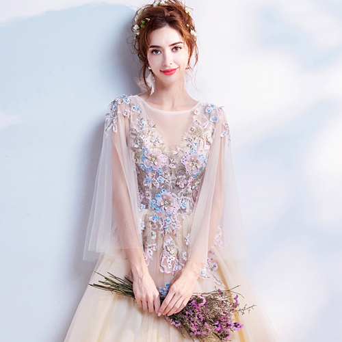 Evening dress prom gown Flower pale gold Bride Wedding Toast dress dinner  party performance wedding dress