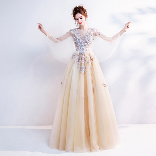 Evening dress prom gown Flower pale gold Bride Wedding Toast dress dinner party performance wedding dress Evening dress prom gown Flower pale gold Bride Wedding Toast dress dinner party performance wedding dress