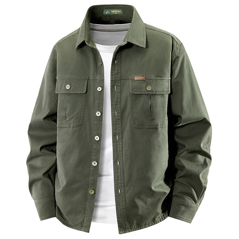 Men's Six-Pocket Pure Cotton Long-Sleeve Shirt, Loose Fit Workwear Casual Turn-Down Collar Shirt Jacket for Spring and Autumn