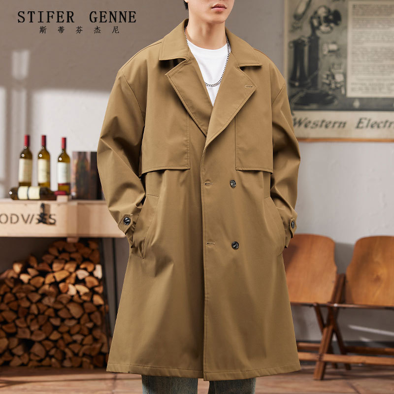 Stephen Mid-Length Trench Coat for Men, Spring and Autumn, High-End Trendy Loose Casual British Style Men's Coat