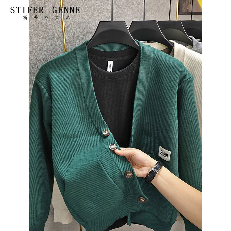 Stephen's High-End Green Knitted Cardigan Jacket for Men, Spring and Autumn Casual Loose Outerwear, Men's V-Neck Sweater Stephen's High-End Green Knitted Cardigan Jacket for Men, Spring and Autumn Casual Loose Outerwear, Men's V-Neck Sweater
