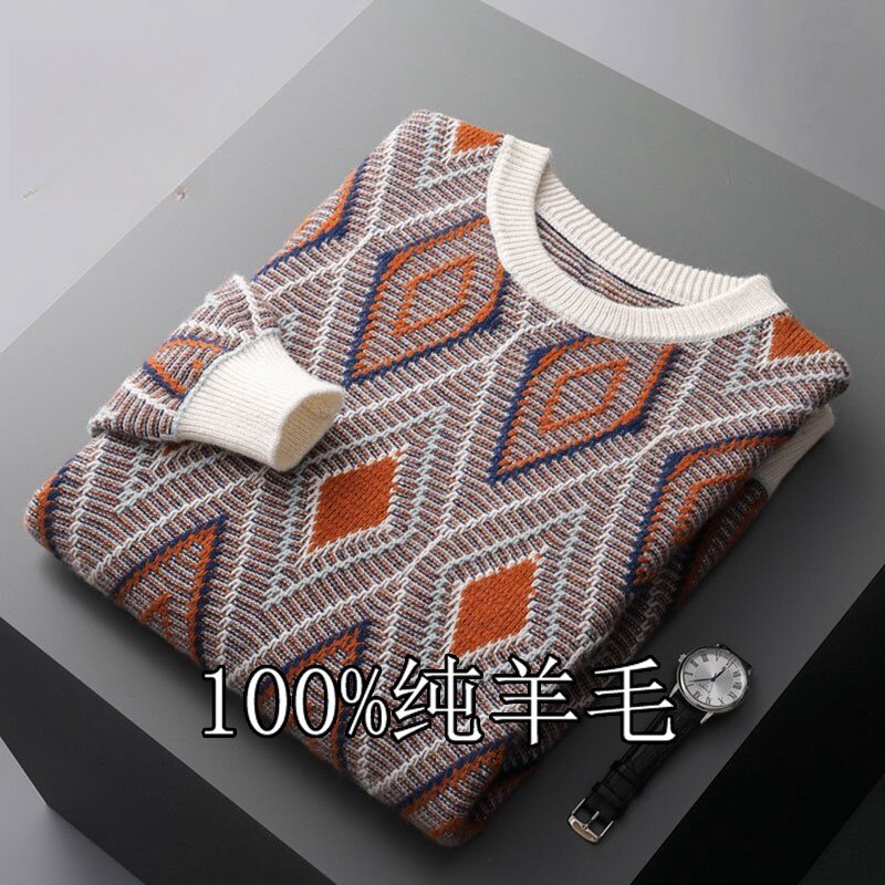 Stephen Pure Wool Sweater for Men, Winter Thickened Round Neck Middle-Aged Men's Base Layer Sweater, Large Size Casual Color-Blocked Cashmere Sweater