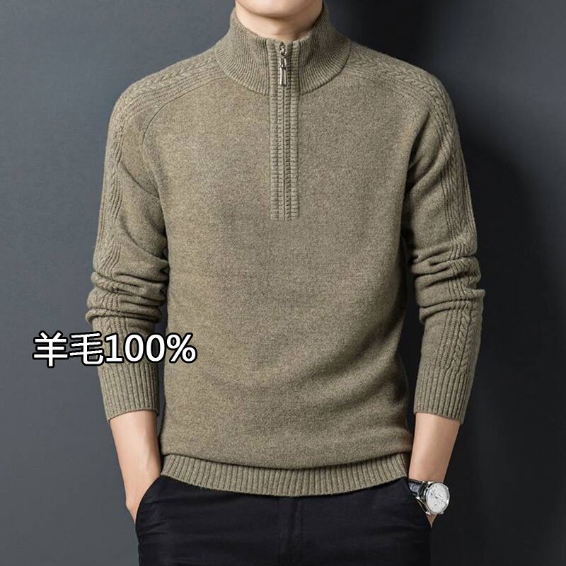 Stephen Sweater Men's Winter Style 100% Pure Wool Sweater Men's Casual Knitwear Thickened Half-High Collar Zipper Pullover