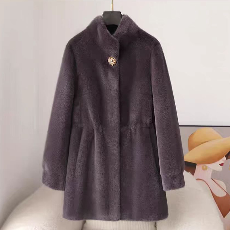 Popular Fur Coat for Middle-Aged and Elderly Mothers, Faux Mink Fur, Slimming Drawstring Waist, Mink Fur Integrated Coat, Winter Women's Coat