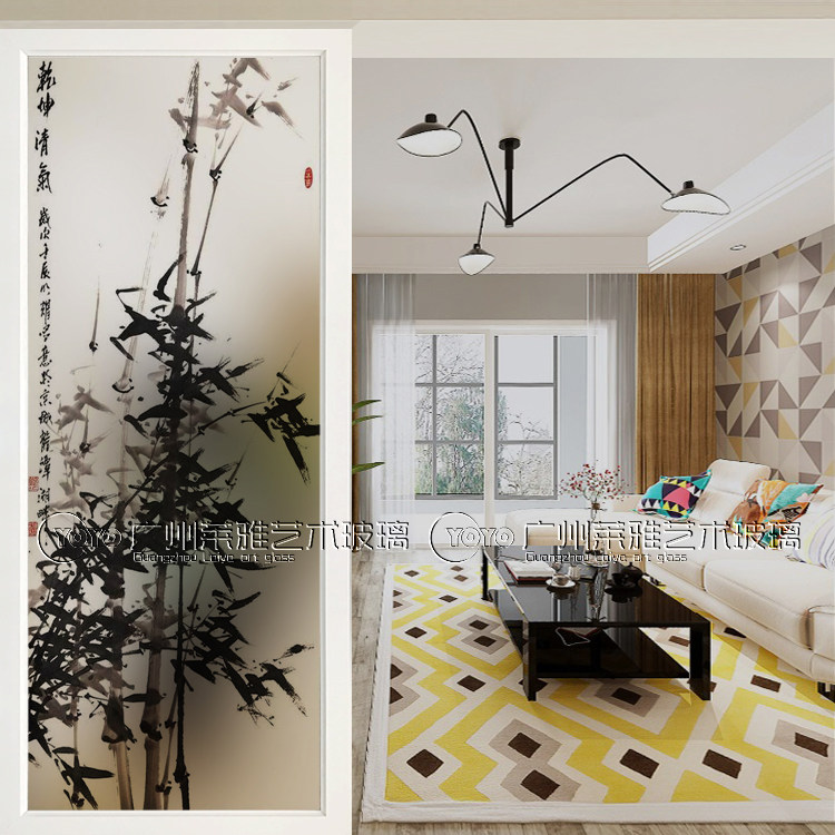 Chinese-style living room art glass partition porch screen double-sided tempered glass ink painting bamboo newspaper safety