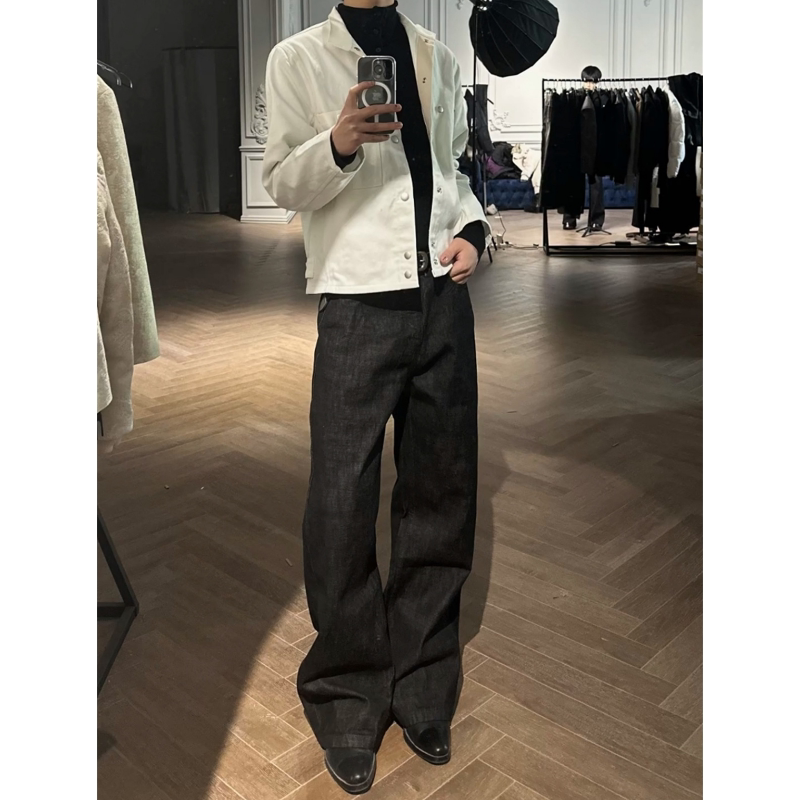 Korean Fashion Black Raw Denim High Street Straight A-Line Wide-Leg Pants Men's Black Jeans Denim Original Color Long Pants