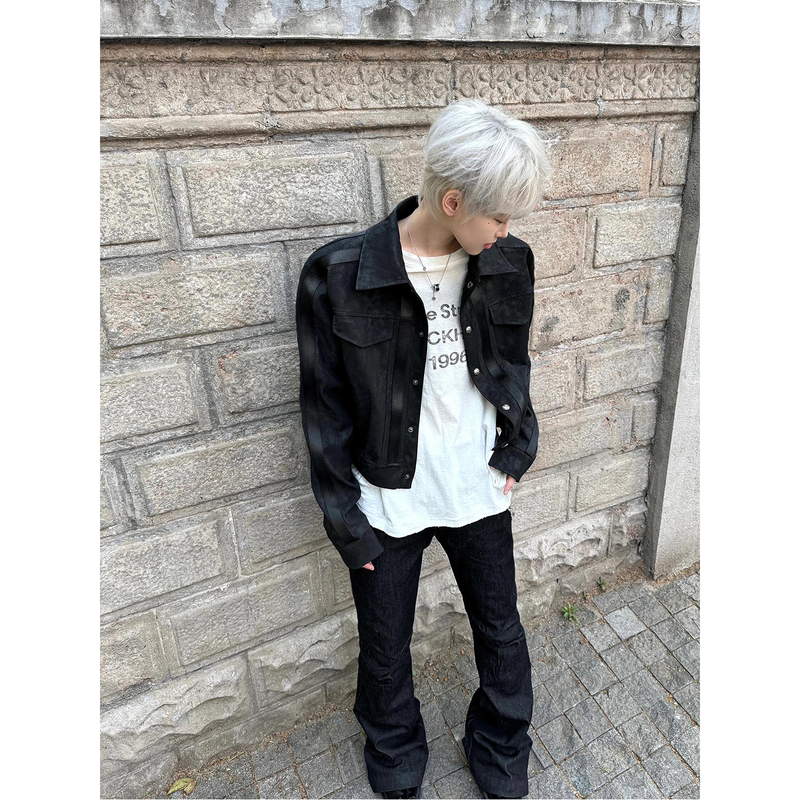 "Prison Bird" Vascular Pattern Leather Jacket for Men, Black, Stylish and High-End, Black Lapel Pu Leather Jacket