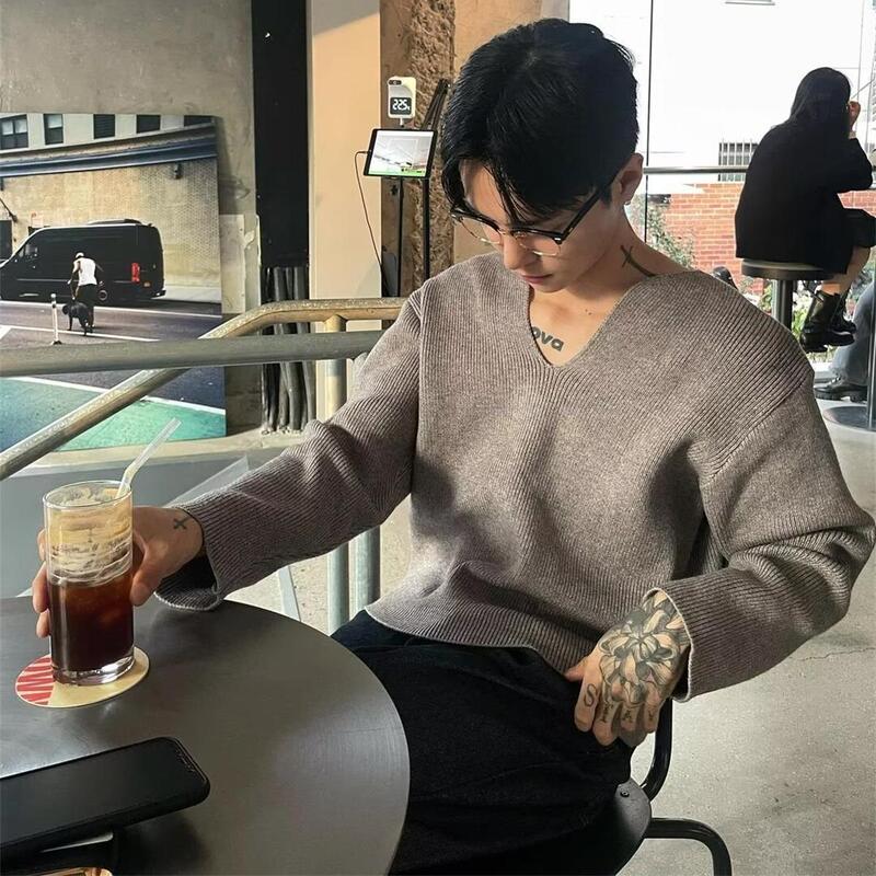 Autumn and Winter Korean Style Light Luxury V-Neck Knit Sweater for Men, Fashionable and Casual, Versatile Long-Sleeve Top for Men